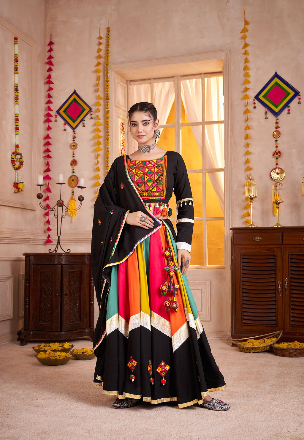 Monjolika Fashion Viscose Cotton Black Lehenga Choli For Navratri In Thread & Mirror Work