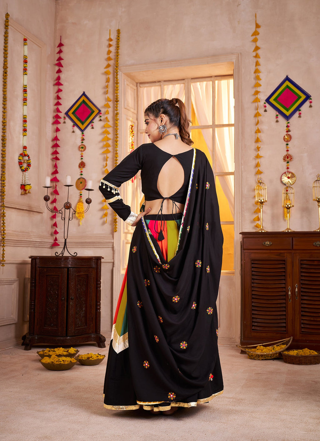 Monjolika Fashion Viscose Cotton Black Lehenga Choli For Navratri In Thread & Mirror Work