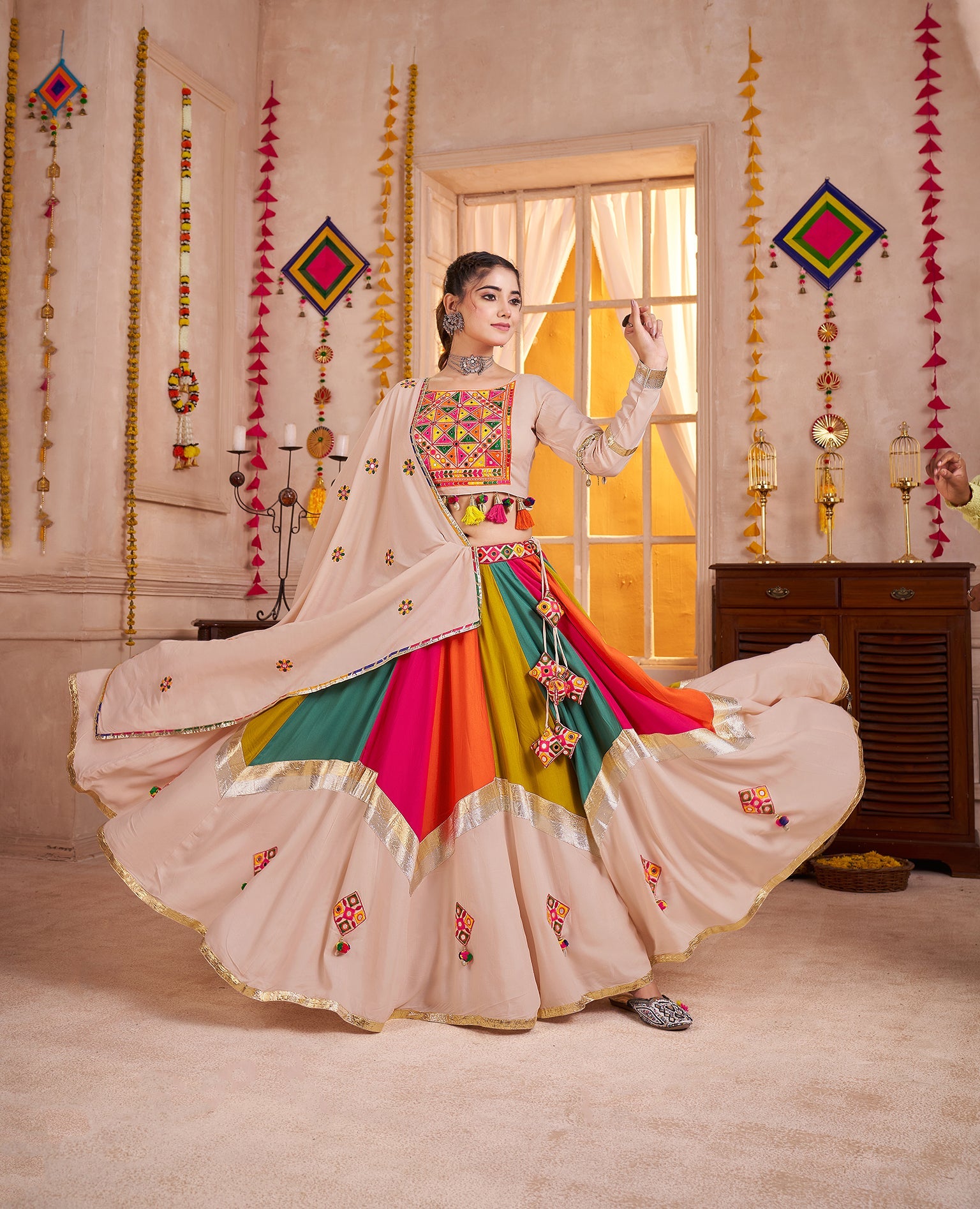Monjolika Fashion Viscose Cotton Beige Multicolor Navratri Lehenga Choli With Mirror And Kutchi Embroidery Work