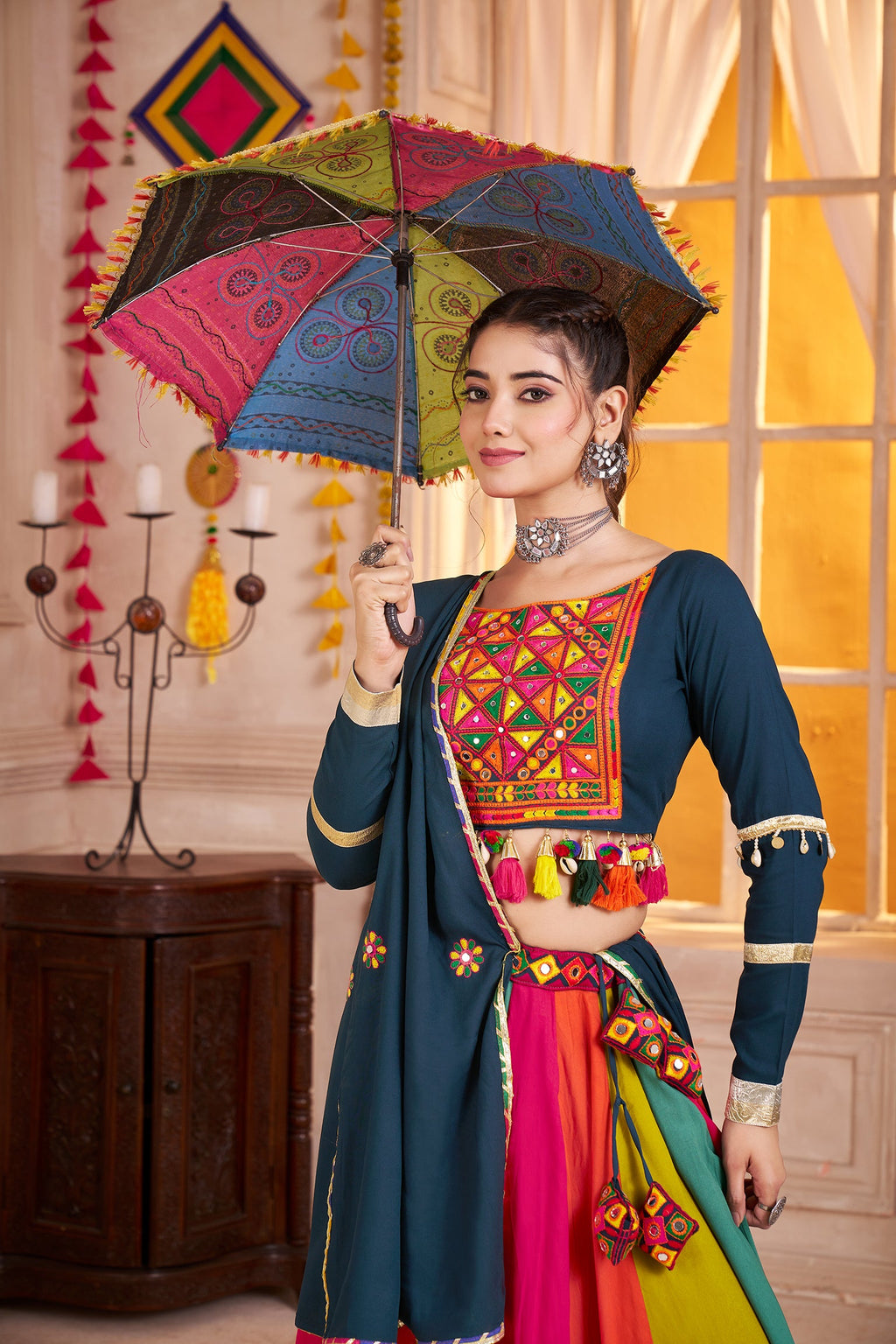 Monjolika Fashion Viscose Cotton Multi Color-Teal Blue Navratri Lehenga Choli With Mirror And Kutchi