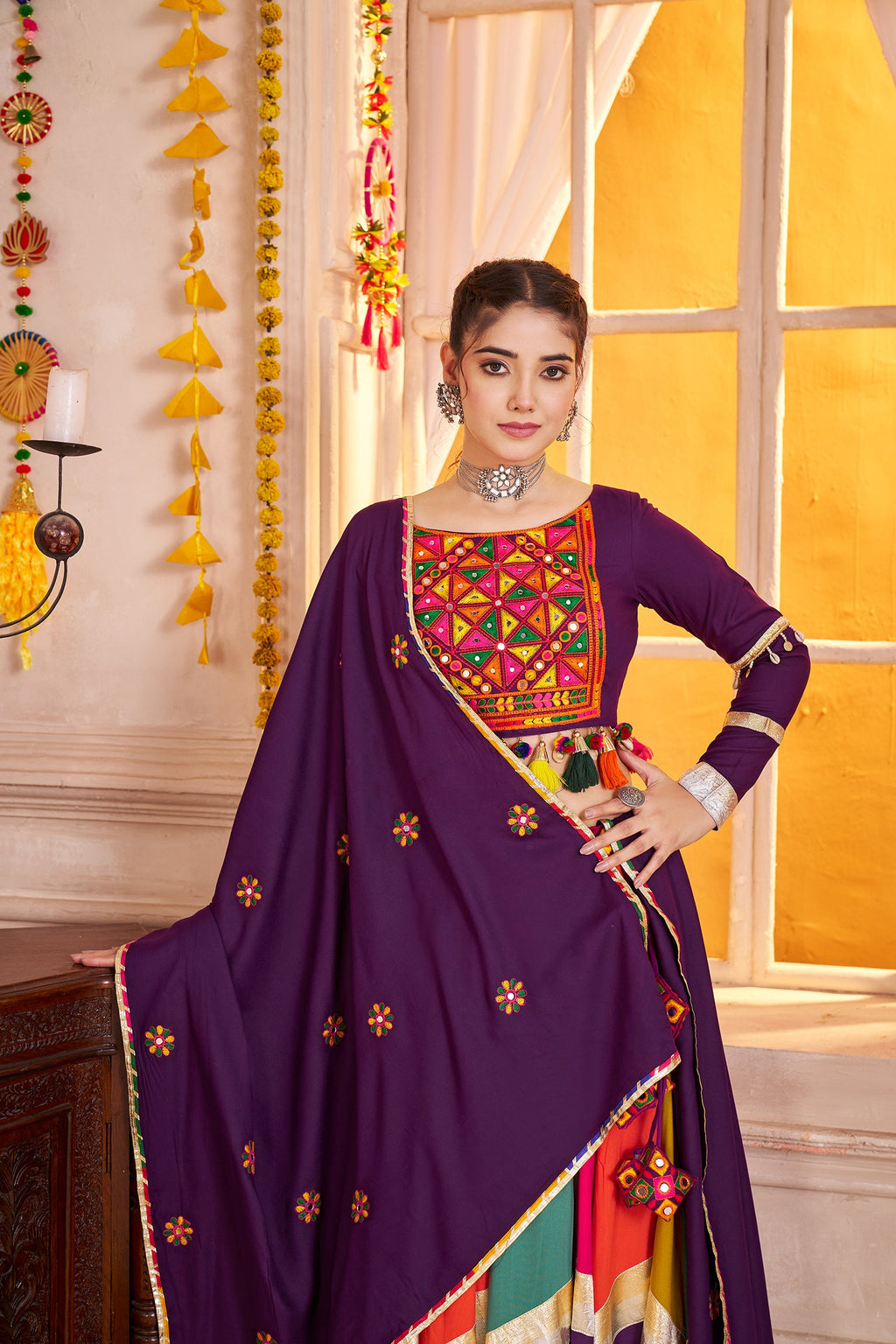 Monjolika Fashion Viscose Cotton Purple Multicolor Navratri Lehenga Choli With Mirror And Kutchi Embroidery Work
