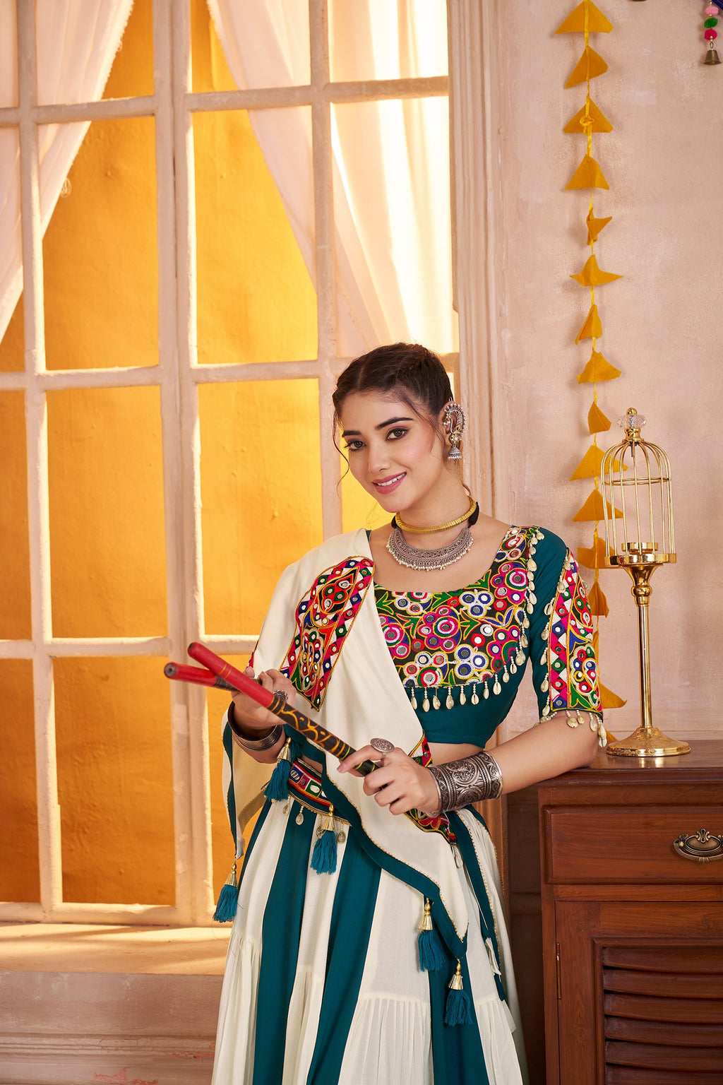 Monjolika Fashion Multi-Color Kutchi Mirror Work Navratri Lehenga Choli