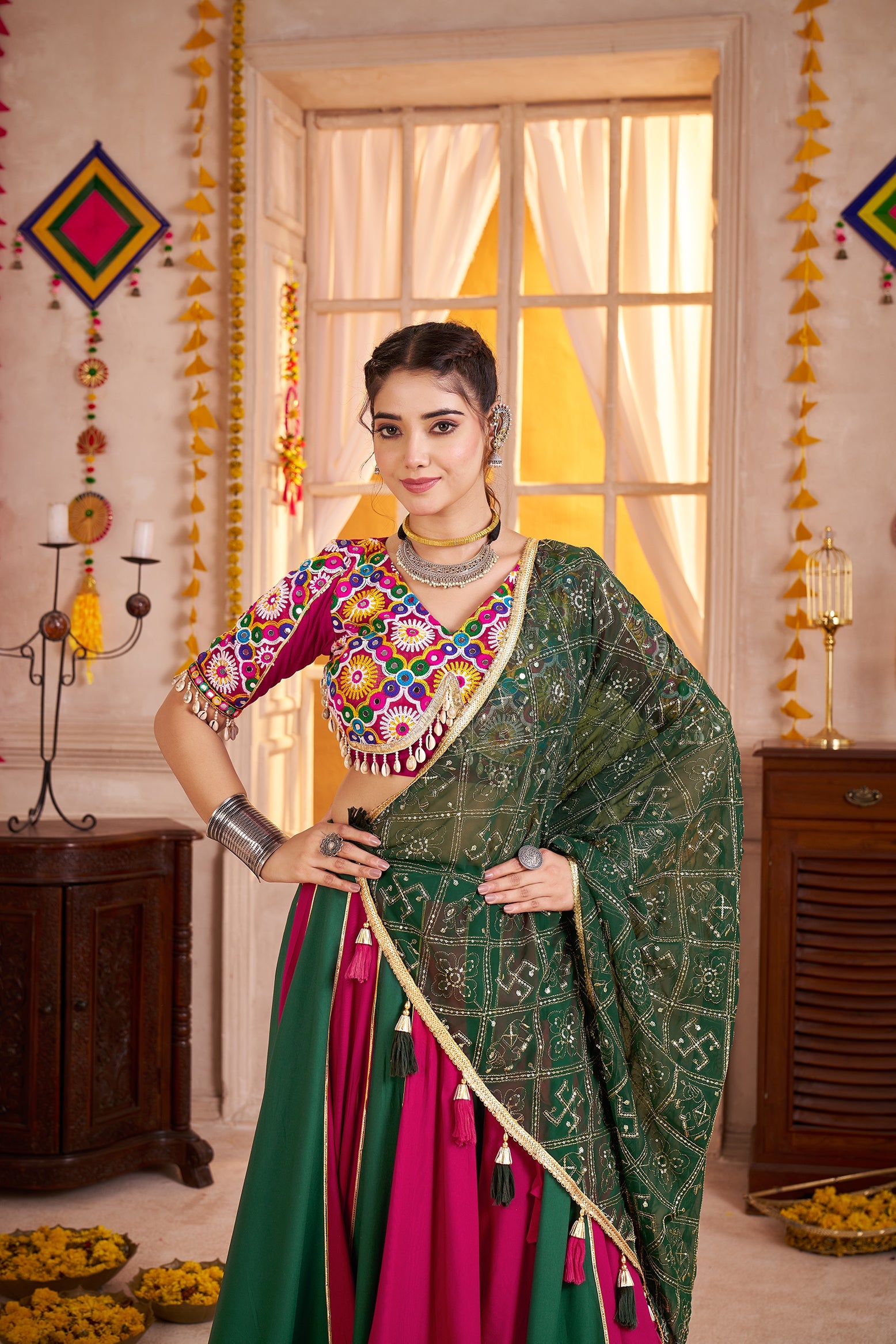 Monjolika Fashion Colorful Viscose Cotton Navratri Lehenga With Kutchi Mirror Work Choli