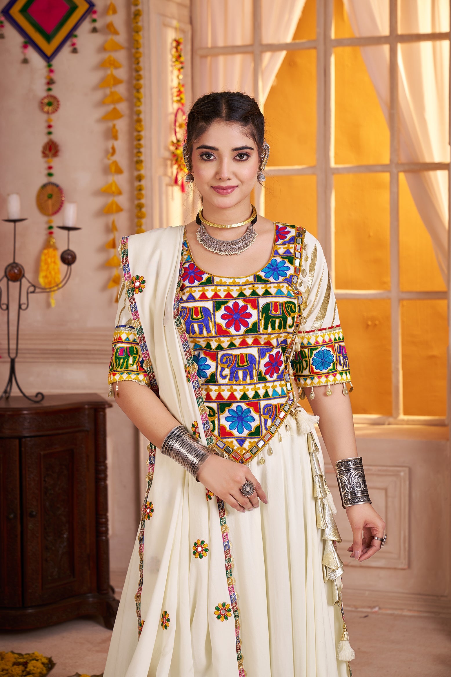 Monjolika Fashion Designer Viscose Cotton White Navratri Chaniya Choli