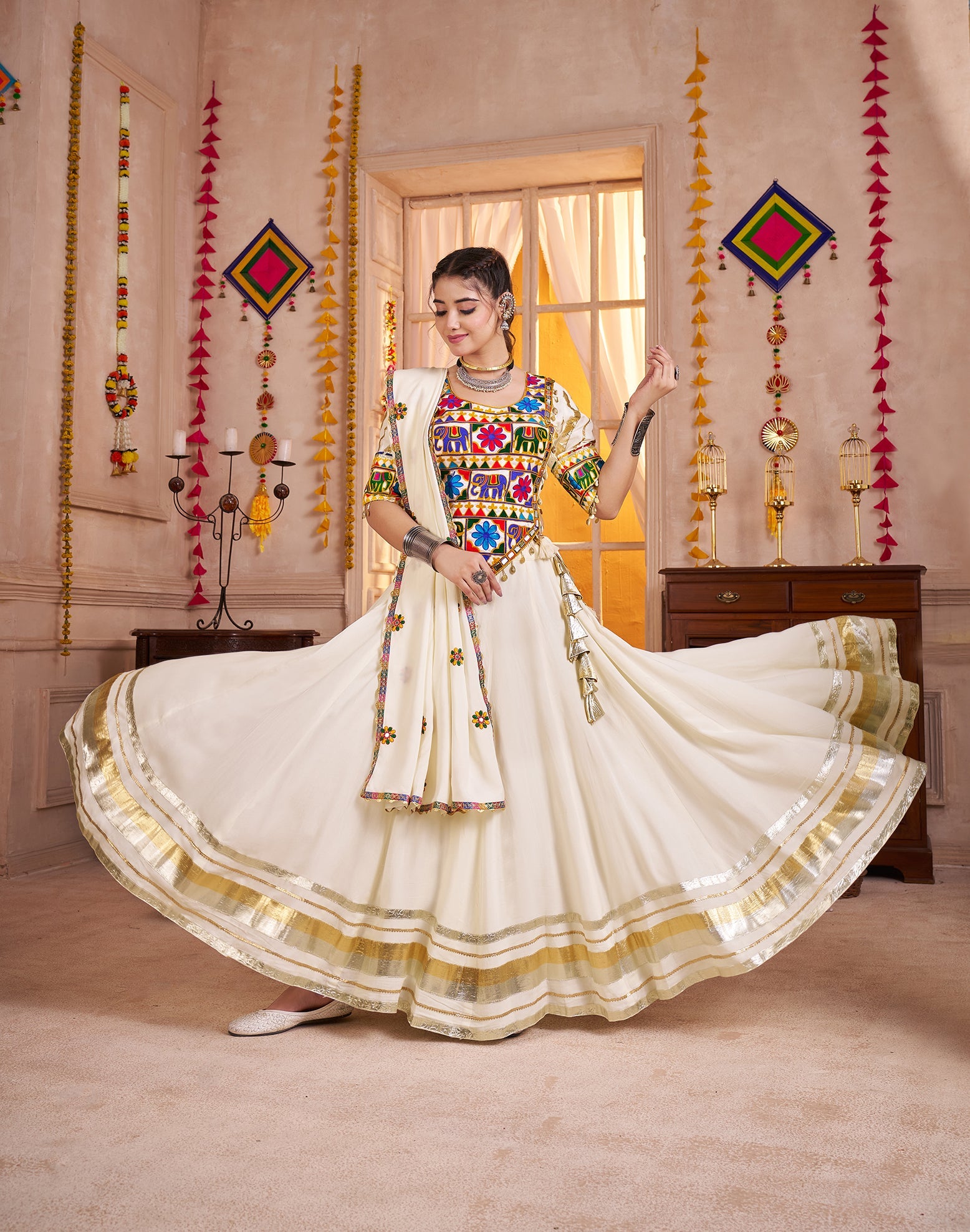 Monjolika Fashion Designer Viscose Cotton White Navratri Chaniya Choli