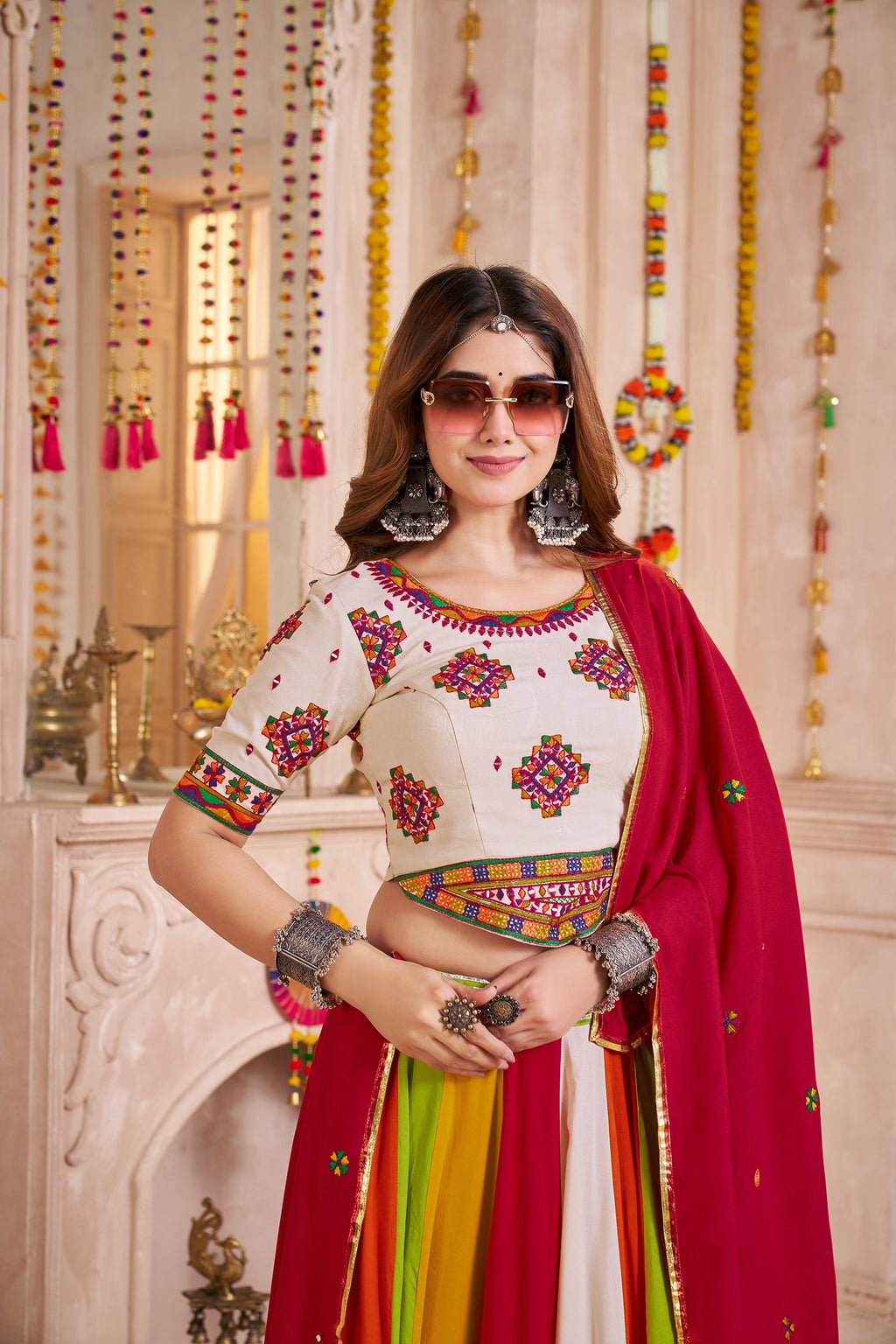 Monjolika Fashion Multi Color Viscose Cotton Navratri Lehenga Choli With Kutchi And Mirror Work Jacket