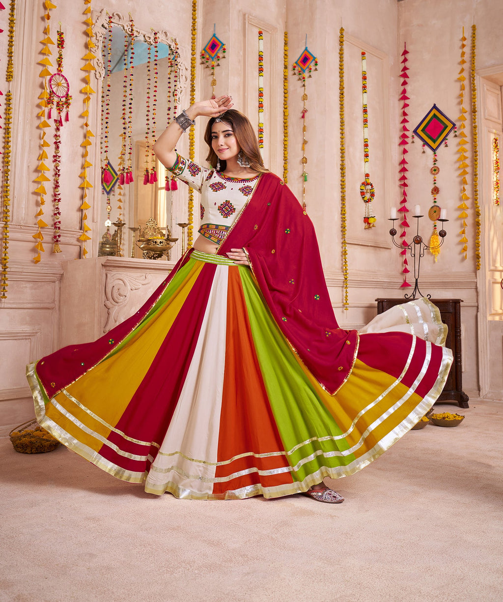 Monjolika Fashion Multi Color Viscose Cotton Navratri Lehenga Choli With Kutchi And Mirror Work Jacket