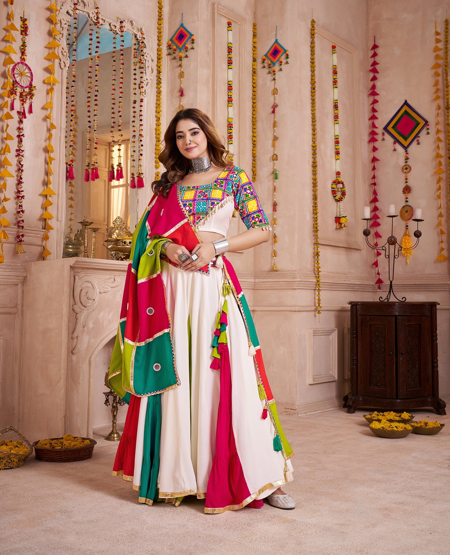 Monjolika Fashion Multi-Color Viscose Cotton Navratri Lehenga Choli Set With Mirror And Thread Work