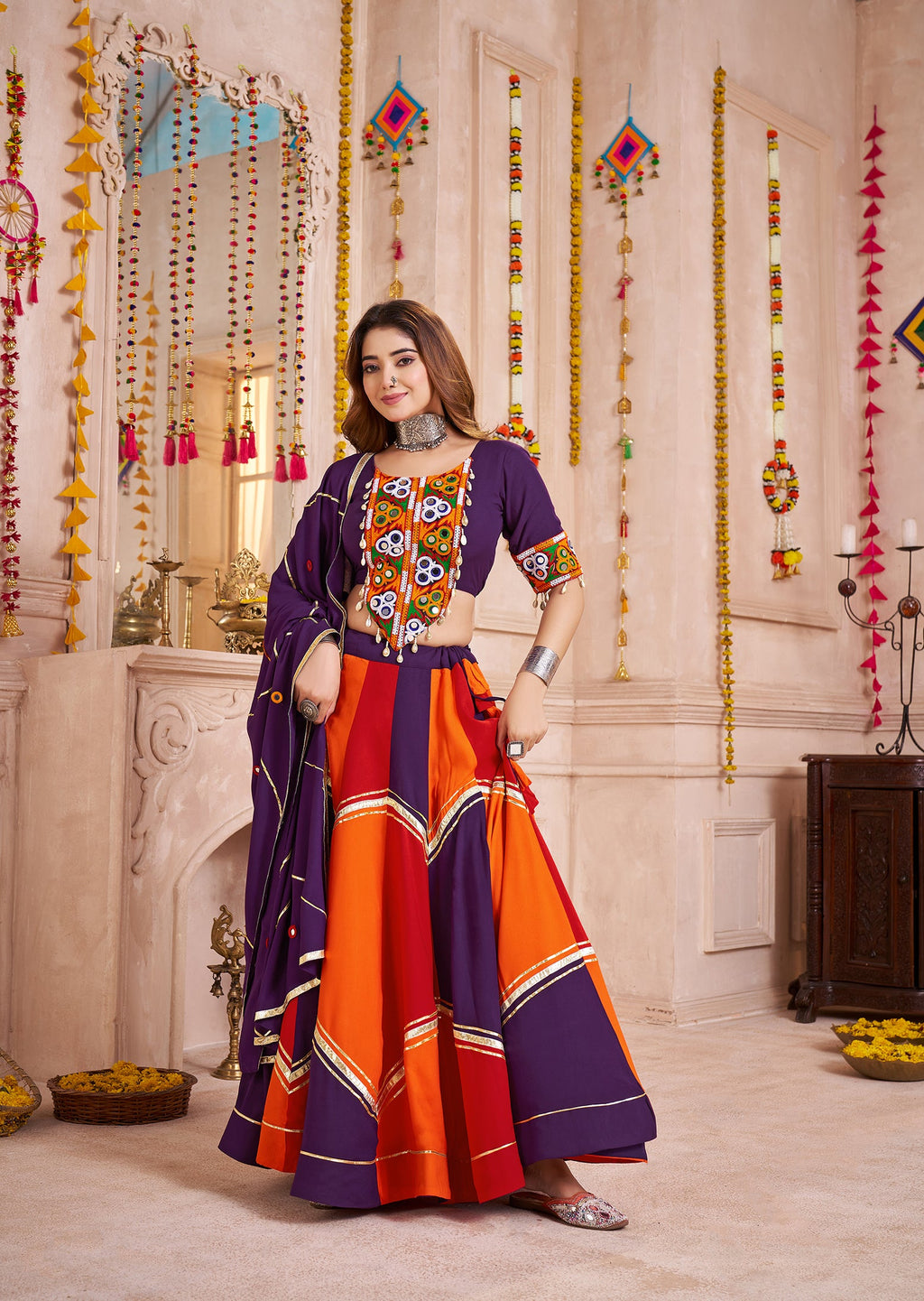 Monjolika Fashion Colorful Viscose Cotton Navratri Lehenga With Thread, Mirror & Kodi Work
