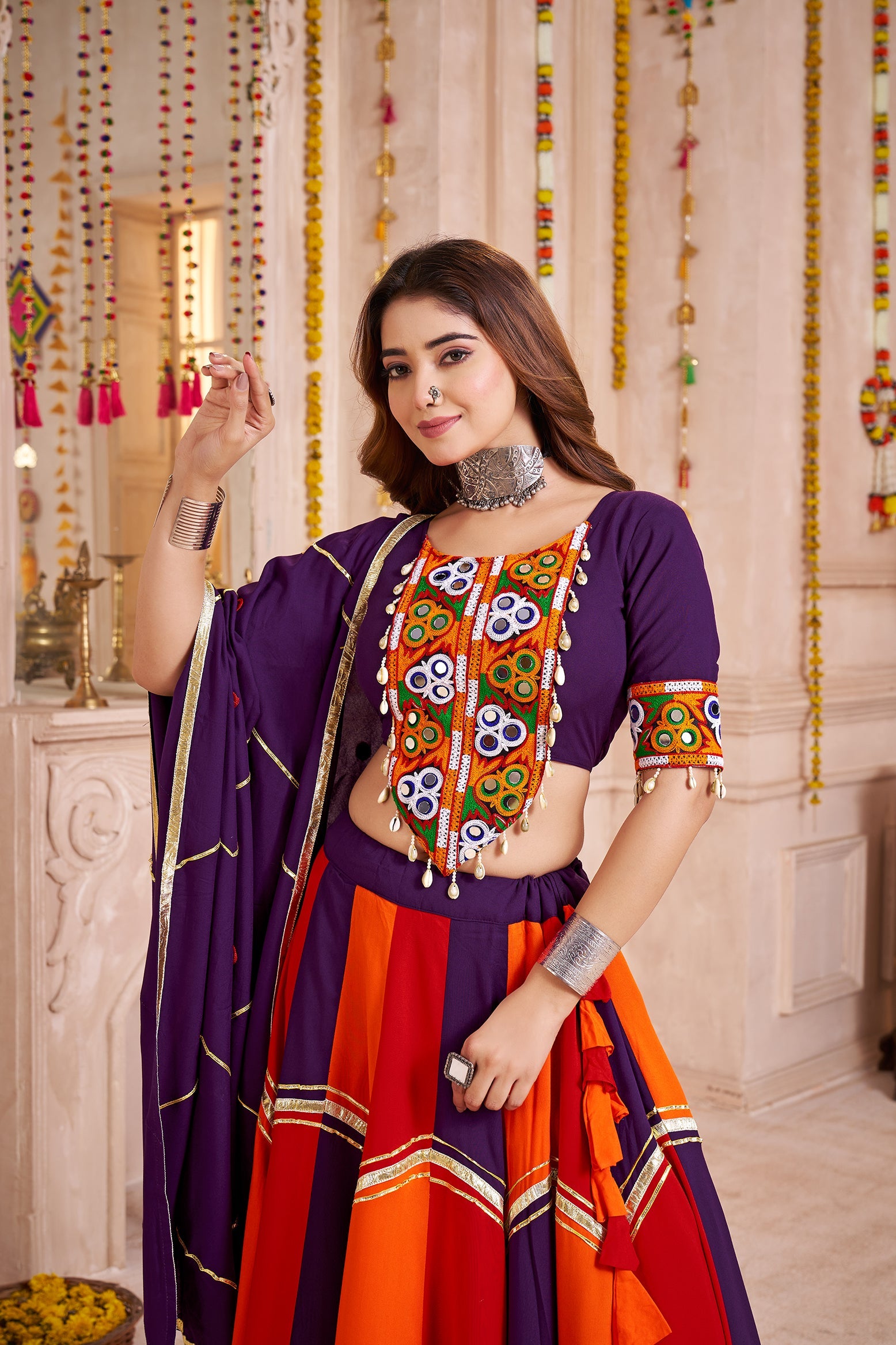 Monjolika Fashion Colorful Viscose Cotton Navratri Lehenga With Thread, Mirror & Kodi Work