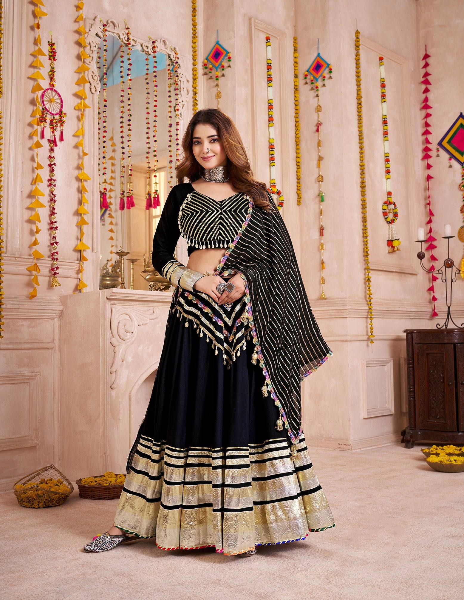 Monjolika Fashion Black Designer Viscose Cotton Navratri Chaniya Choli Set