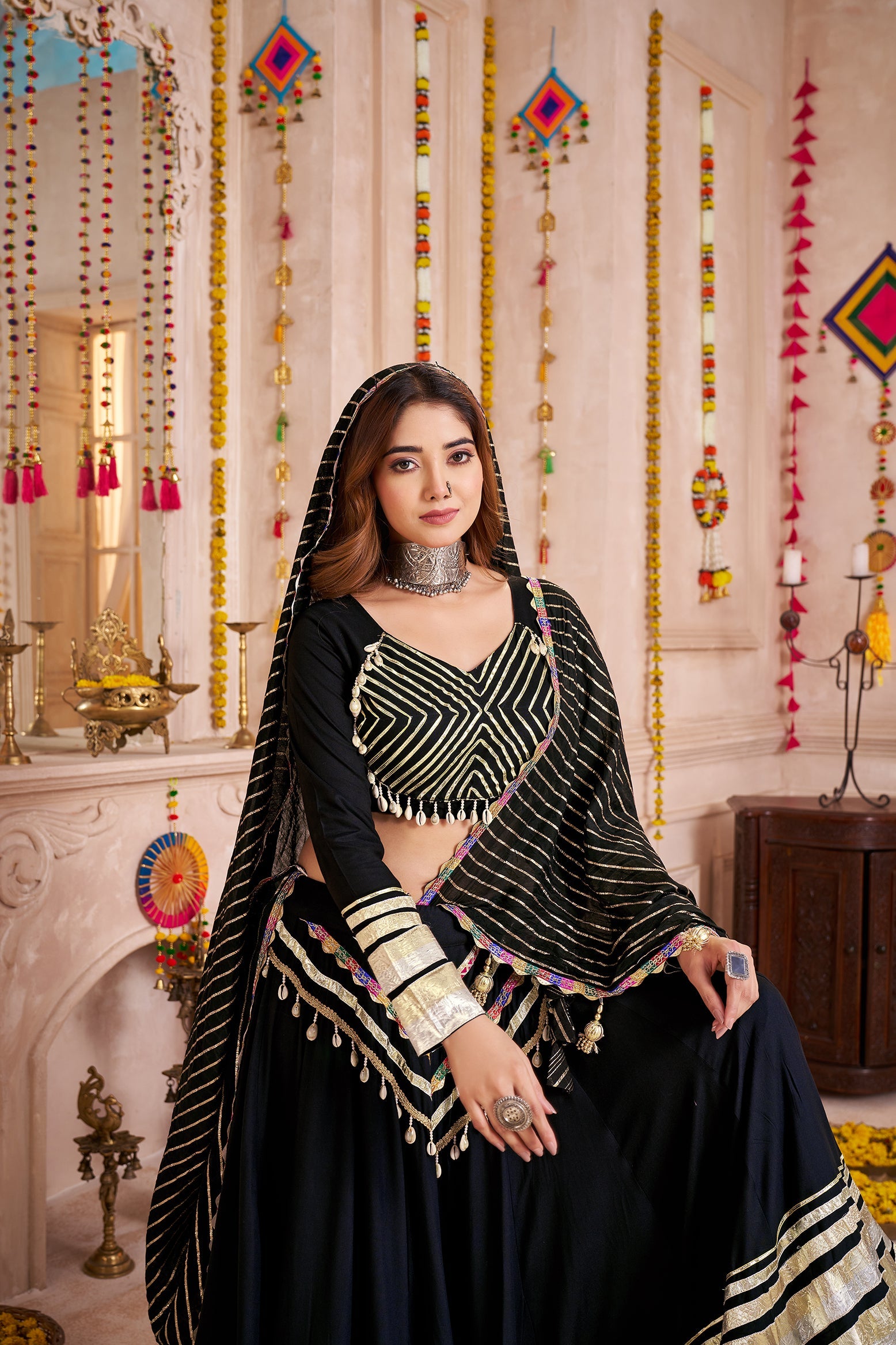 Monjolika Fashion Black Designer Viscose Cotton Navratri Chaniya Choli Set