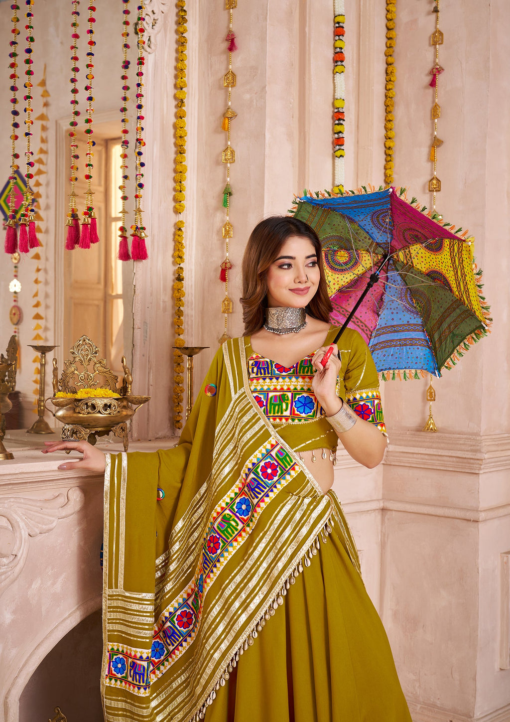 Monjolika Fashion Olive Green Viscose Cotton Navratri Style Chaniya Choli Set