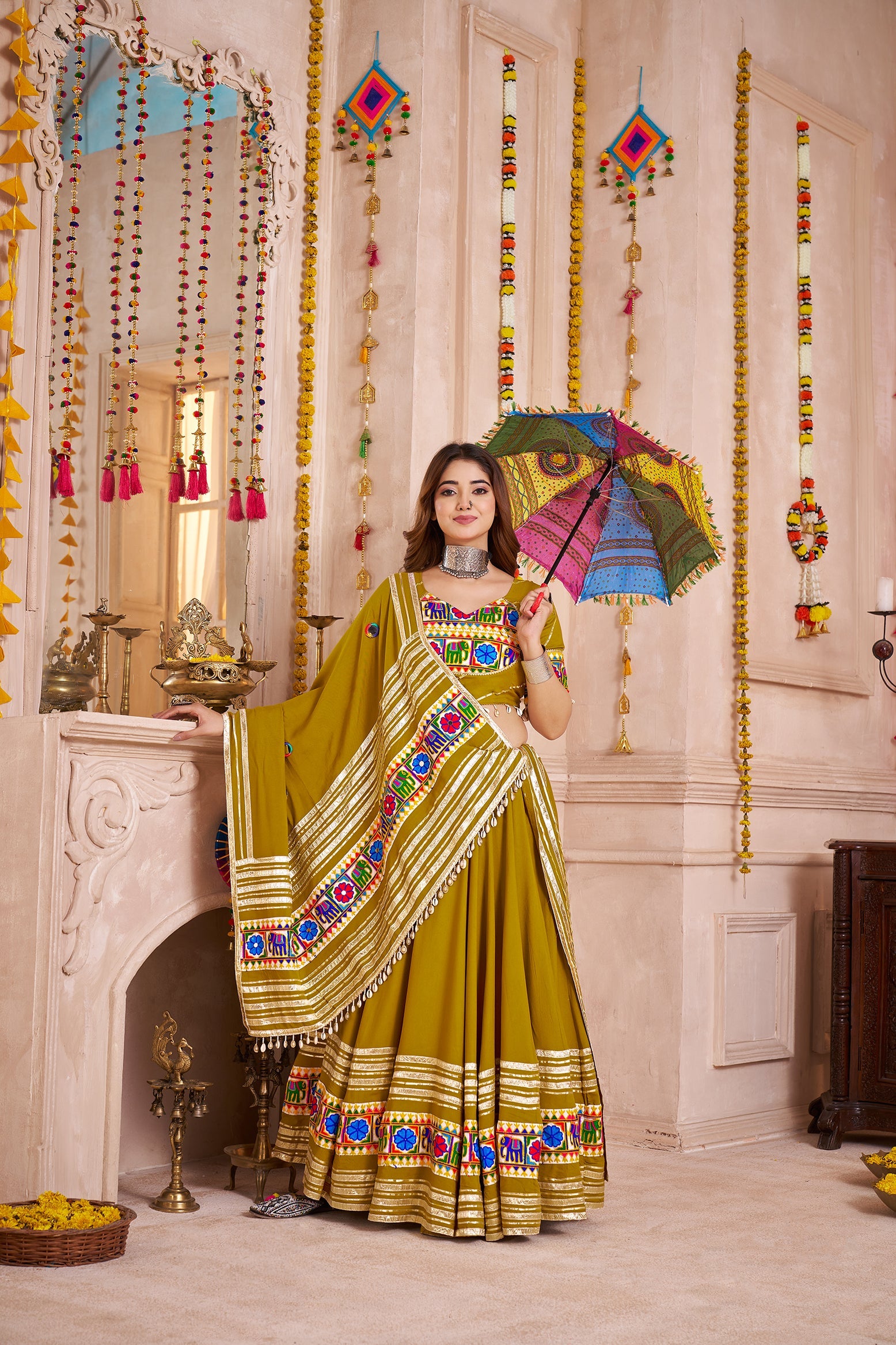 Monjolika Fashion Olive Green Viscose Cotton Navratri Style Chaniya Choli Set
