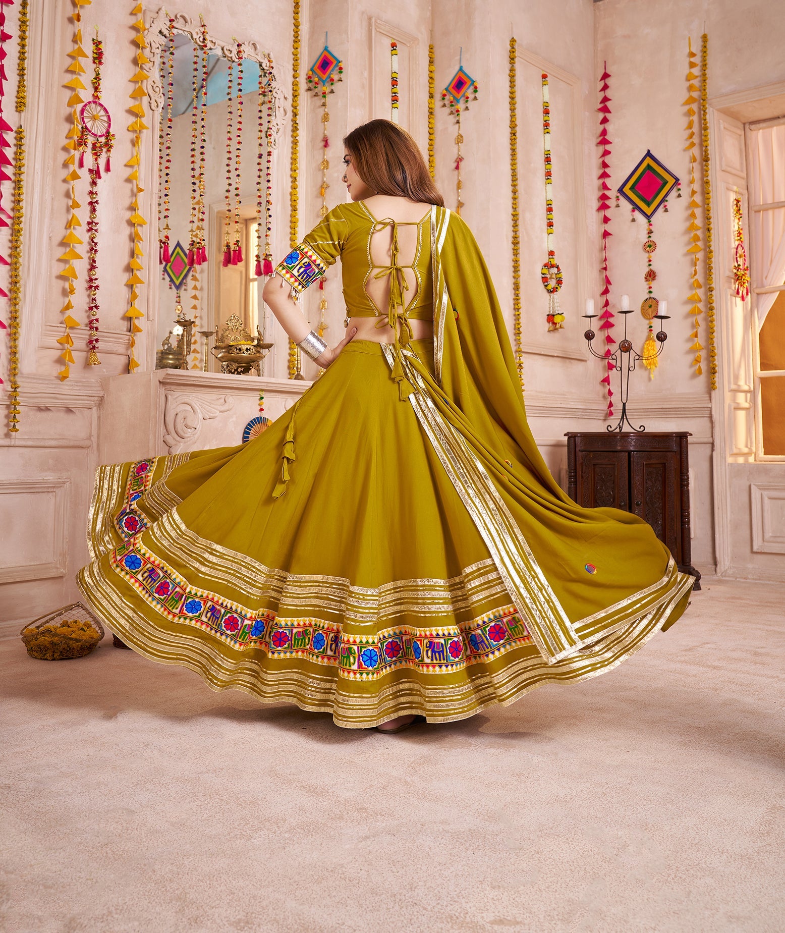 Monjolika Fashion Olive Green Viscose Cotton Navratri Style Chaniya Choli Set