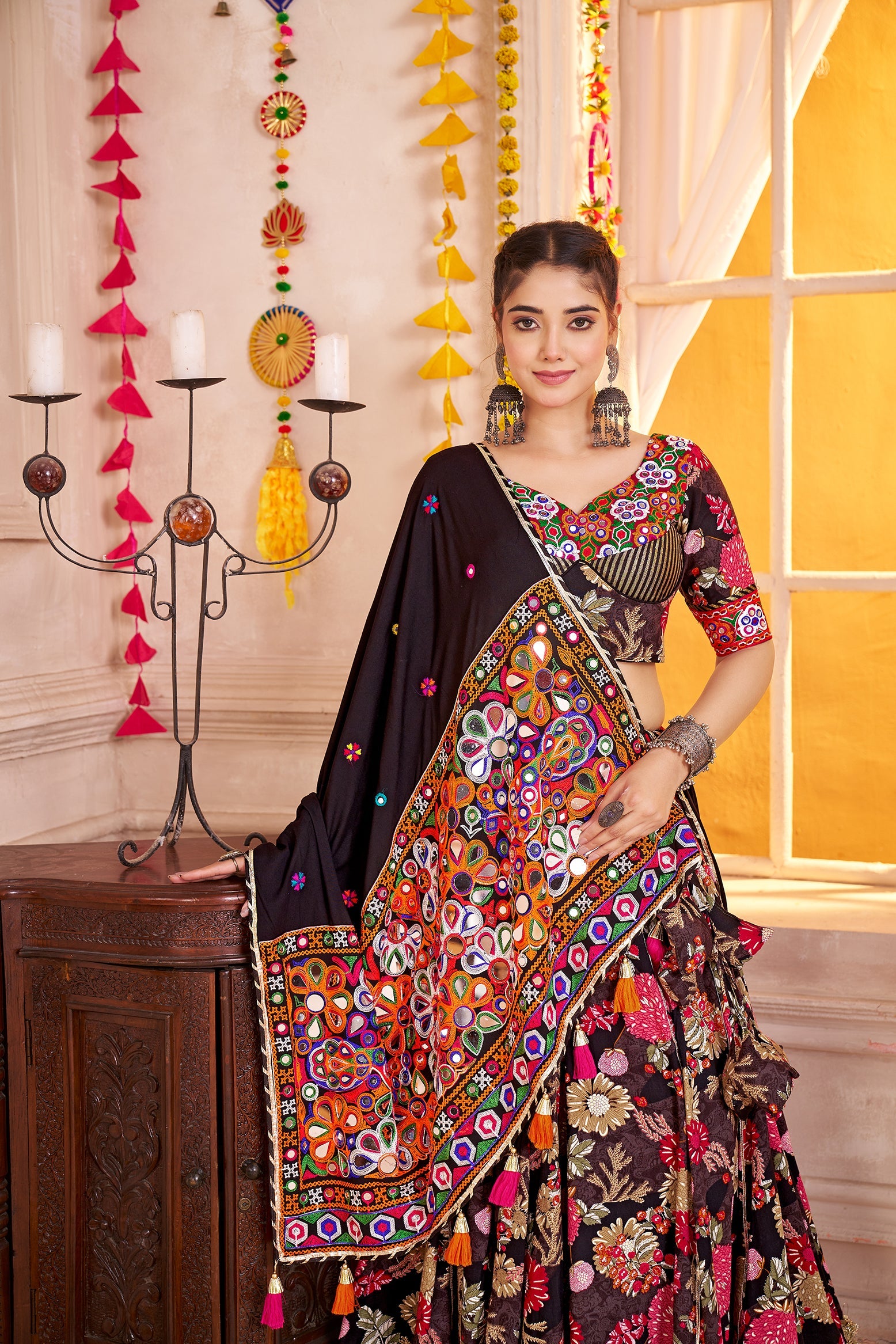 Monjolika Fashion Black Viscose Cotton Navratri Lehenga Choli With Kutchi Patch & Mirror Work