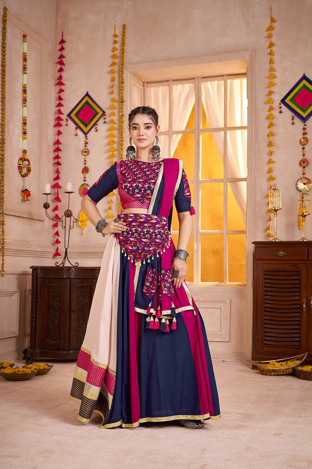 Monjolika Fashion Viscose Cotton Multi-Color Embroidery Navratri Lehenga Choli