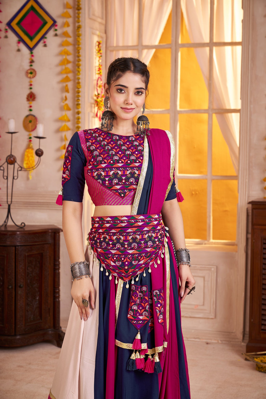 Monjolika Fashion Viscose Cotton Multi-Color Embroidery Navratri Lehenga Choli
