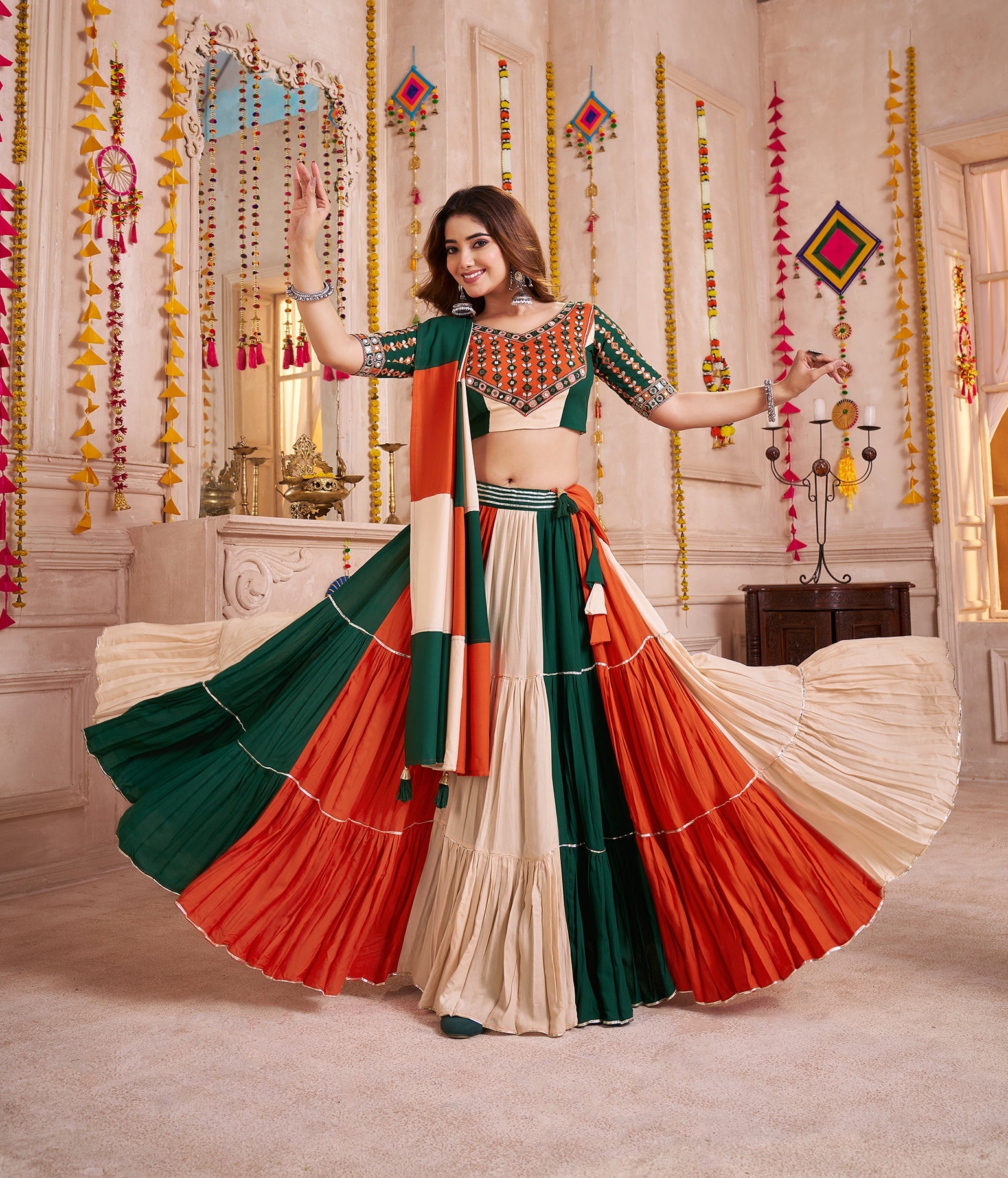 Monjolika Fashion Colorful Viscose Cotton Navratri Chaniya Choli With Kutchi Patch & Mirror Work