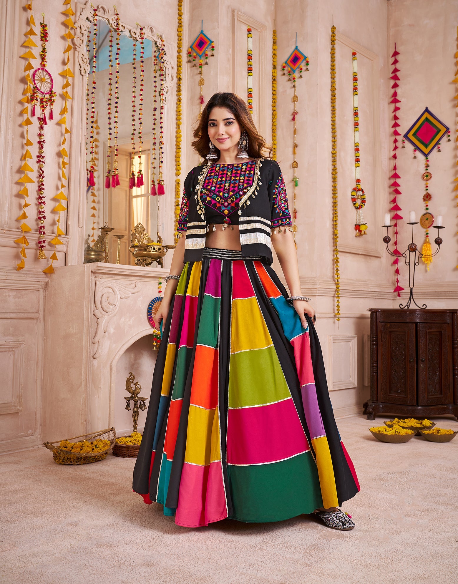 Monjolika Fashion Multicolor Viscose Cotton Navratri Chaniya Choli With Kutchi And Patch Work Jacket