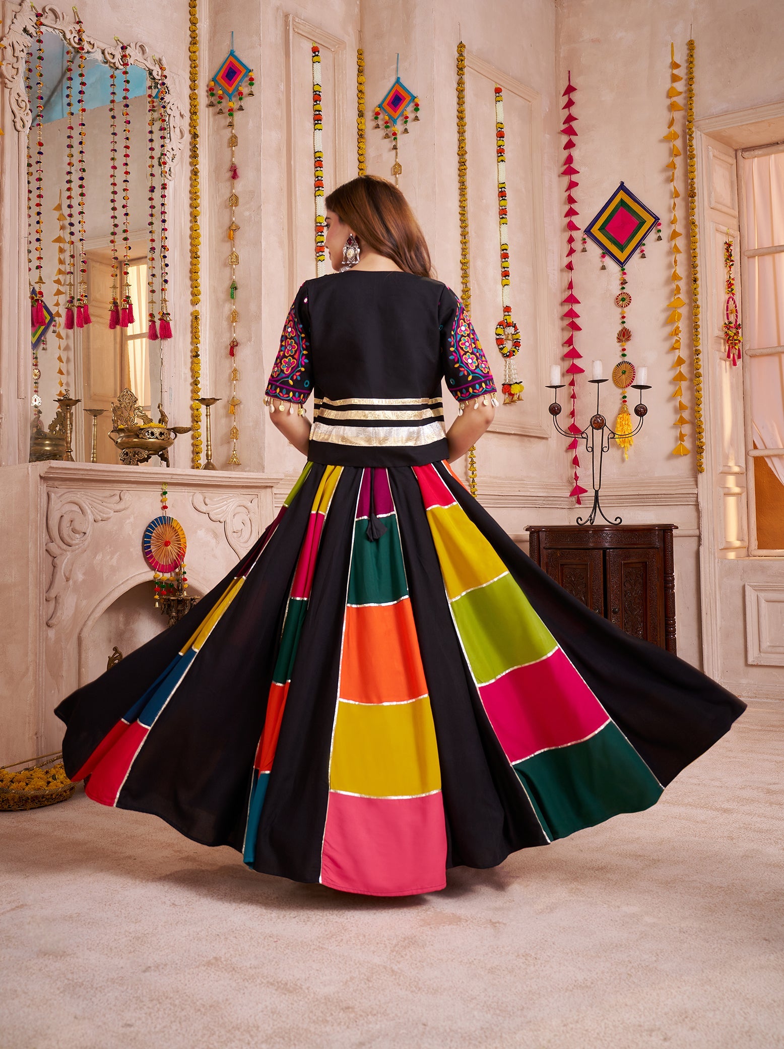 Monjolika Fashion Multicolor Viscose Cotton Navratri Chaniya Choli With Kutchi And Patch Work Jacket