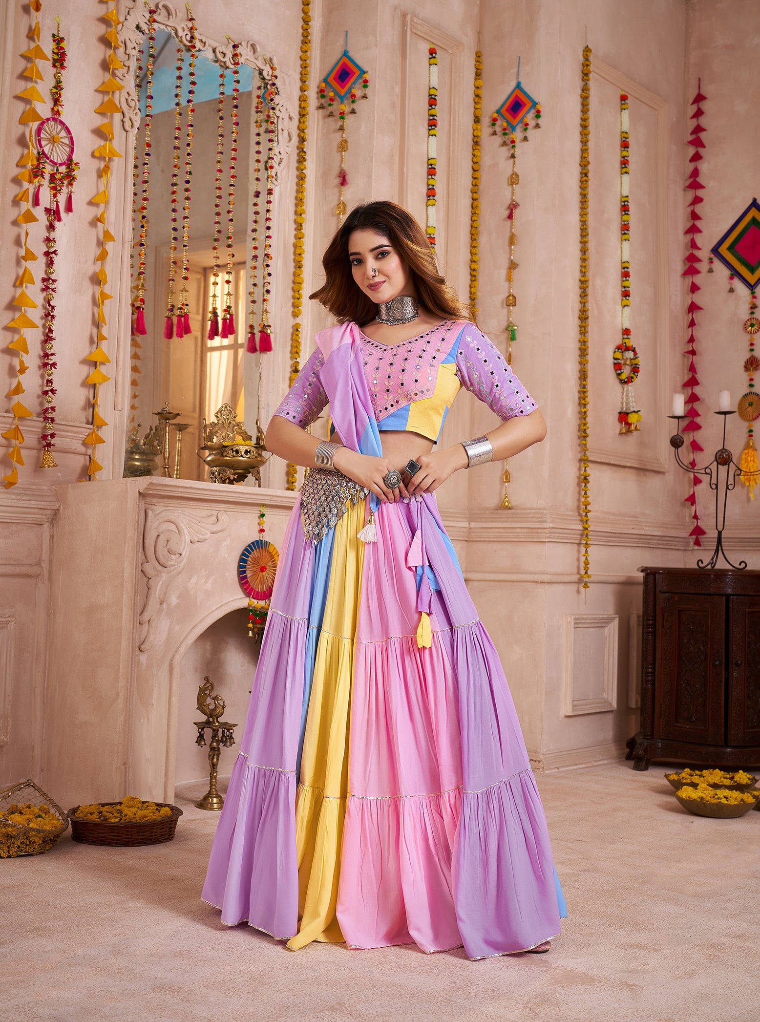 Monjolika Fashion Multicolor Viscose Cotton Navratri Chaniya Choli With Mirror Work