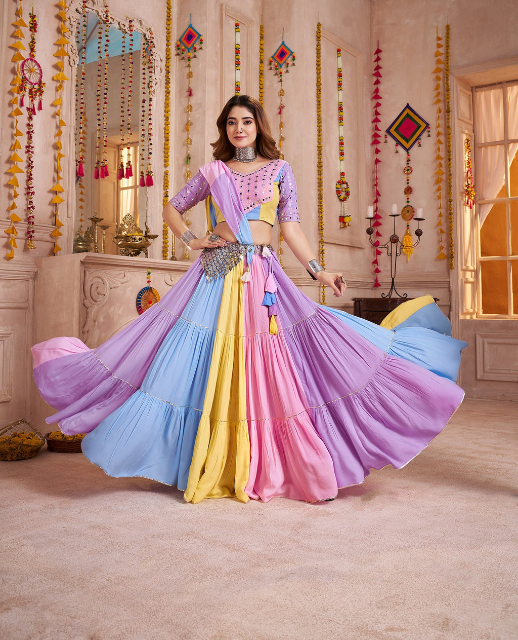 Monjolika Fashion Multicolor Viscose Cotton Navratri Chaniya Choli With Mirror Work