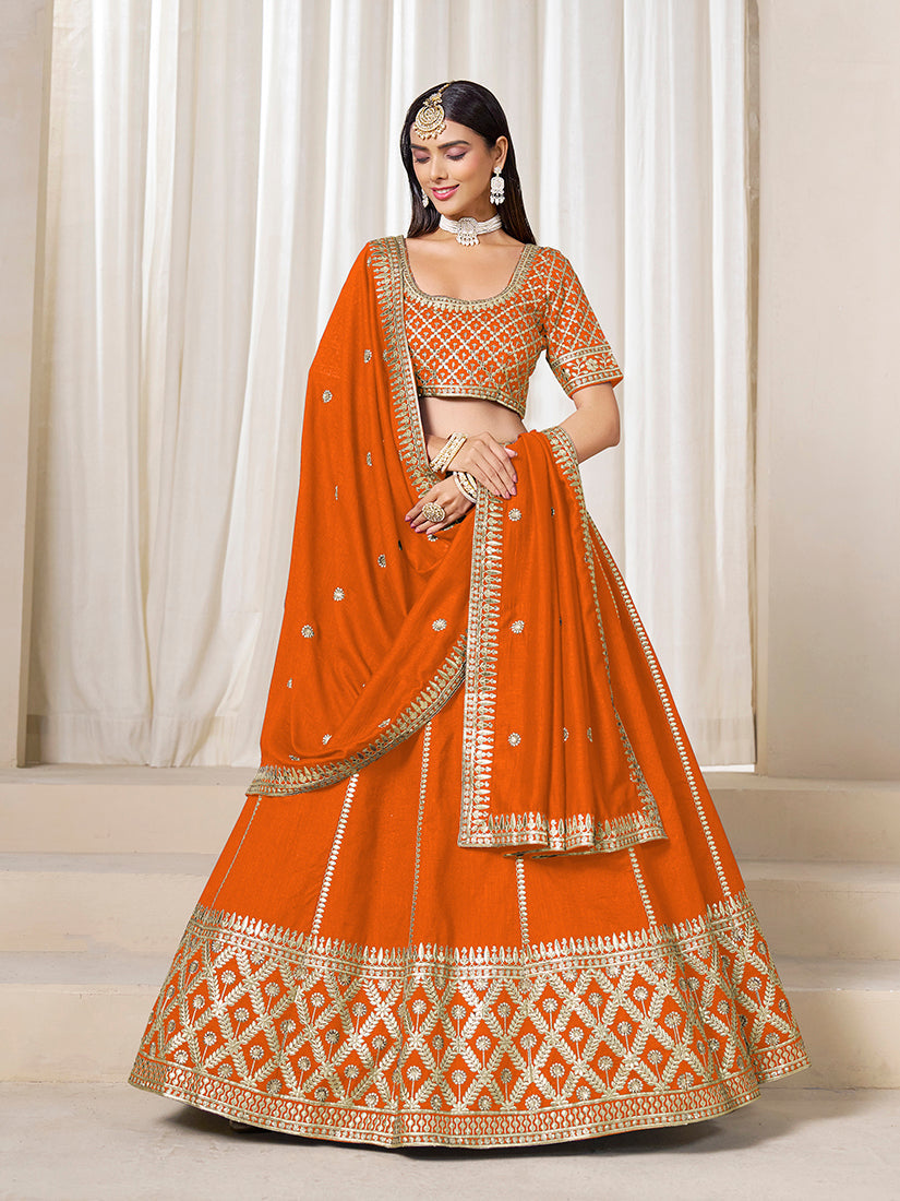 Monjolika Fashion Orange Art Silk Wedding Wear Lehenga Choli Set