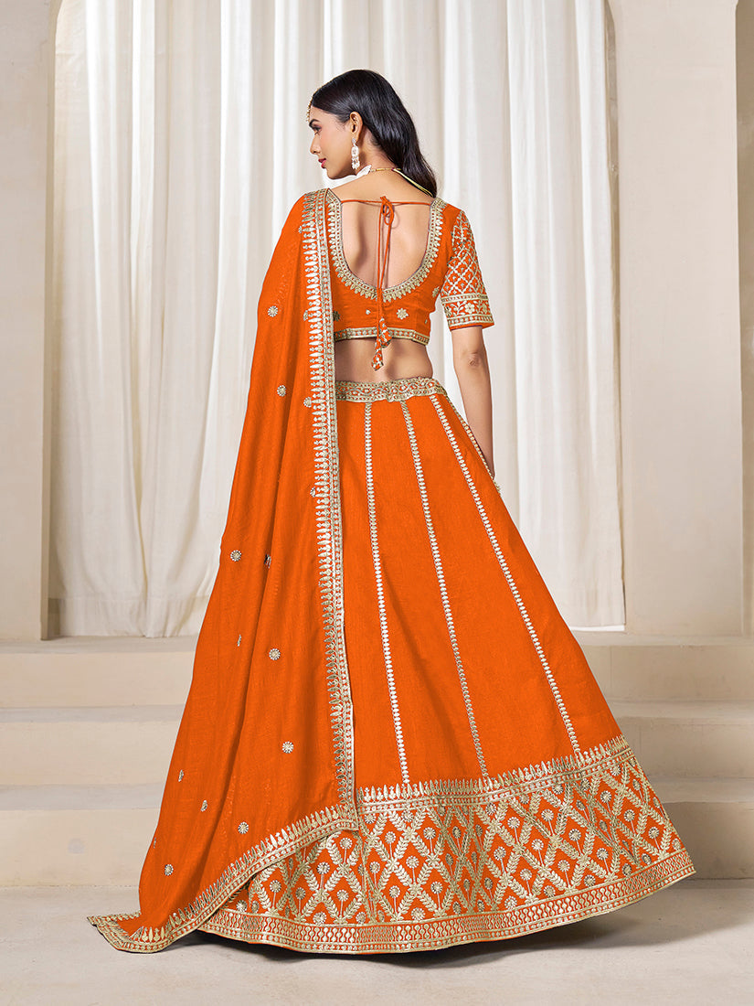 Monjolika Fashion Orange Art Silk Wedding Wear Lehenga Choli Set