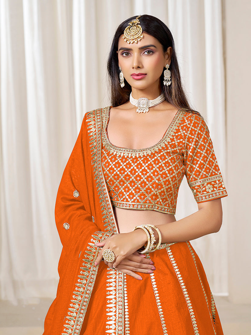 Monjolika Fashion Orange Art Silk Wedding Wear Lehenga Choli Set