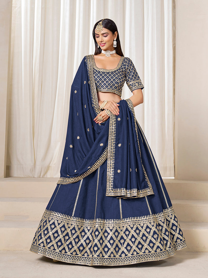 Monjolika Fashion Navy Blue Art Silk Wedding Wear Lehenga Choli Set