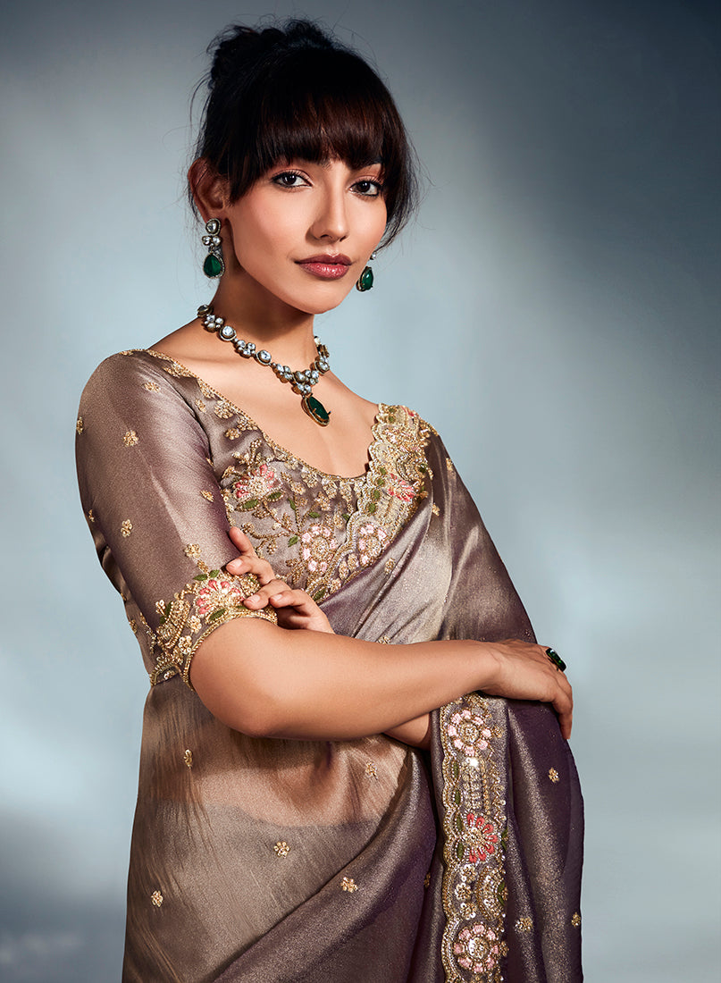 Monjolika Fashion Light Brown Tissue Organza Saree With Moti, Cutdana & Sequins Work