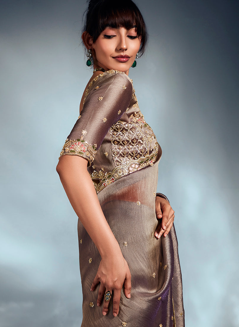 Monjolika Fashion Light Brown Tissue Organza Saree With Moti, Cutdana & Sequins Work