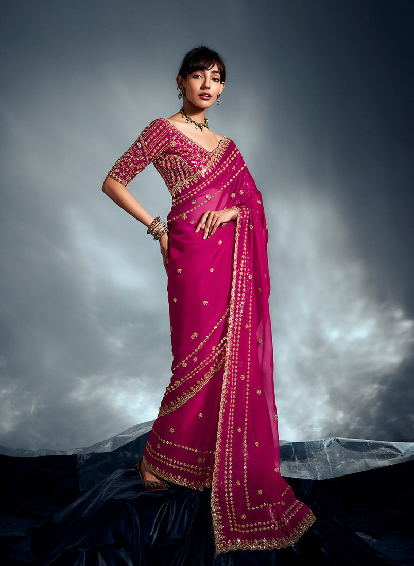 Monjolika Fashion Magenta Pink Tissue Organza Saree With Moti, Cutdana & Sequins Work