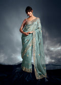 Monjolika Fashion Light Blue Tissue Organza Saree With Moti, Cutdana & Sequin Khatli Work