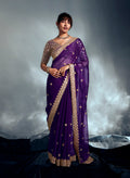 Monjolika Fashion Purple Tissue Organza Saree With Moti, Cutdana & Sequin Khatli Work
