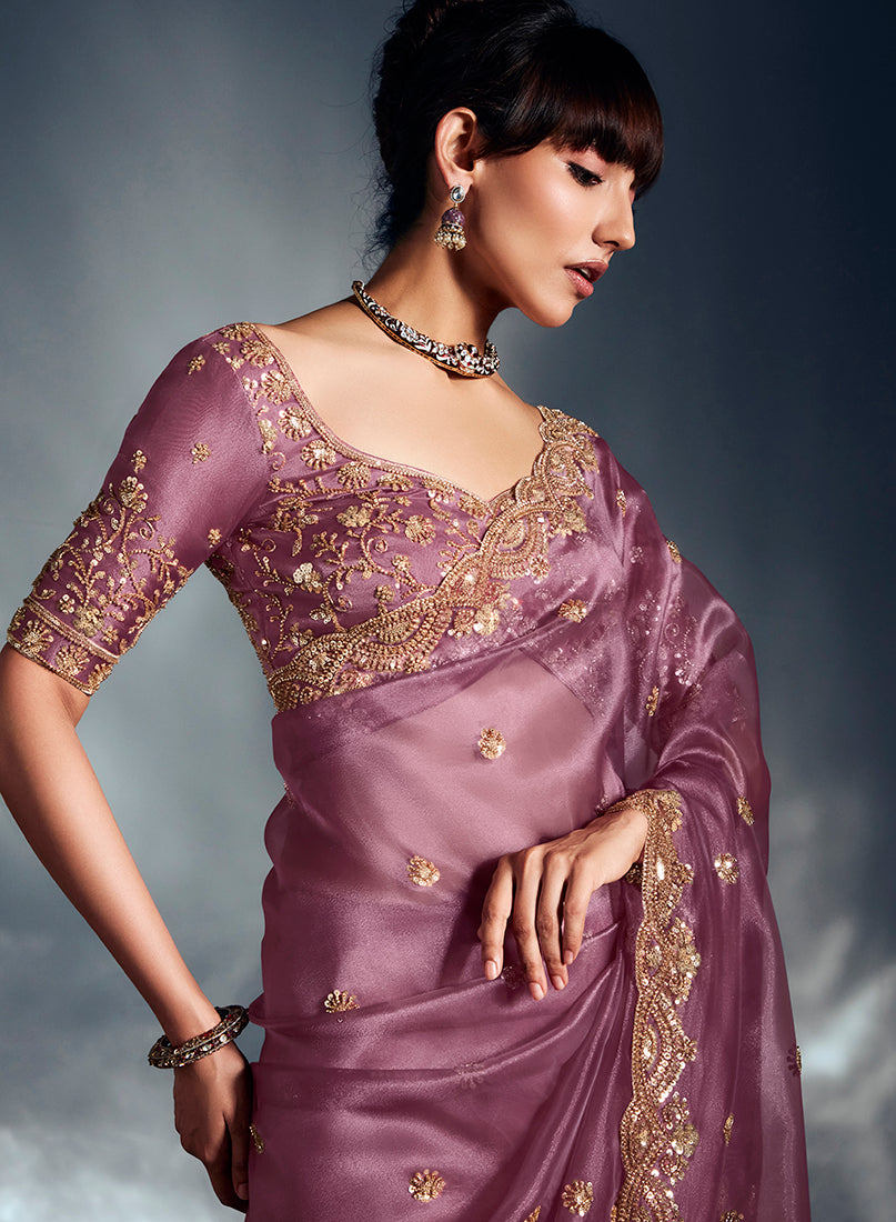 Monjolika Fashion Designer Onion Pink Tissue Organza Saree With Moti, Cutdana & Sequins Work