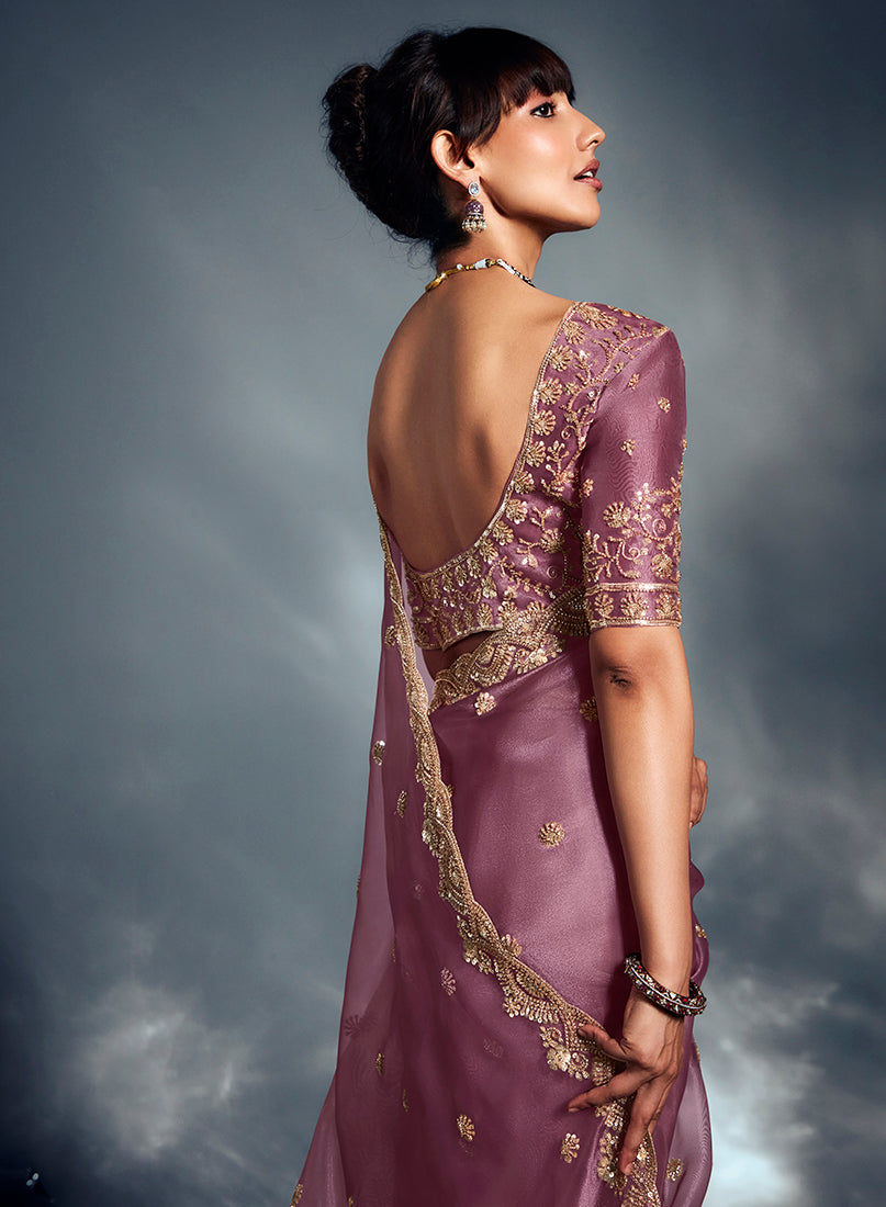 Monjolika Fashion Designer Onion Pink Tissue Organza Saree With Moti, Cutdana & Sequins Work