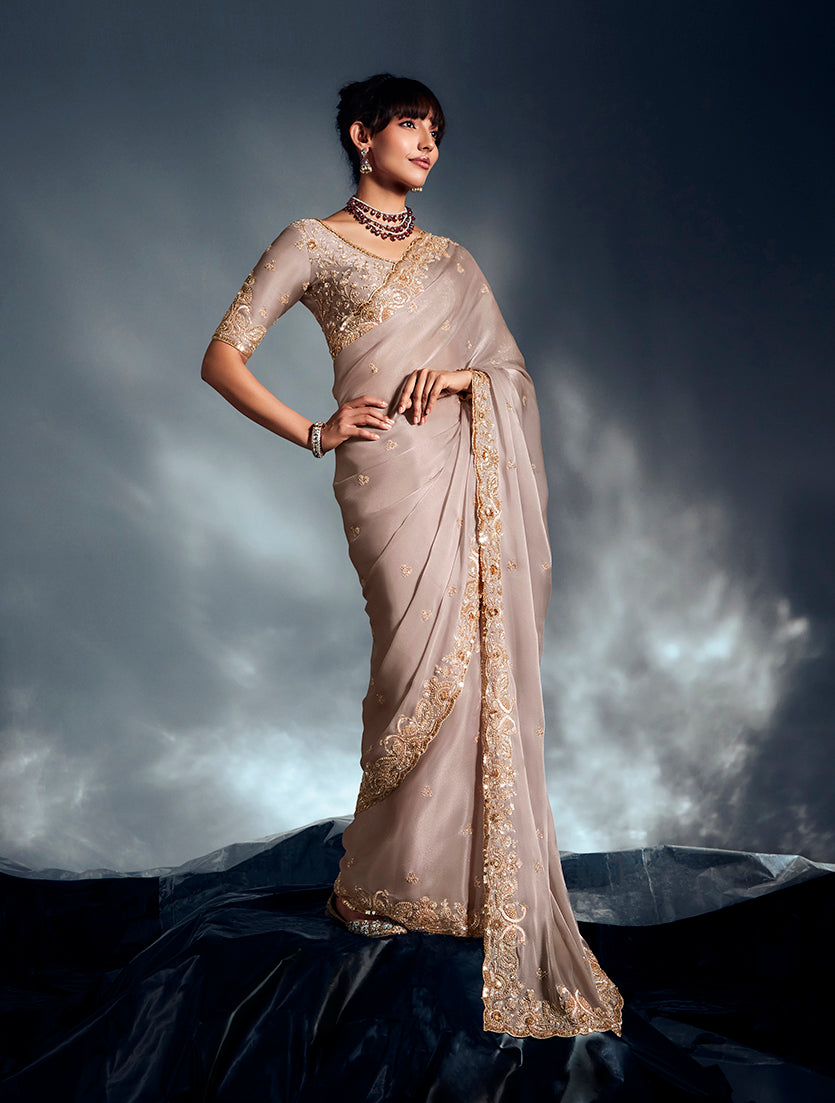 Monjolika Fashion Ivory Tissue Organza Saree With Moti, Cutdana & Sequin Work