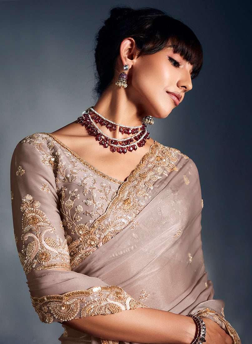 Monjolika Fashion Ivory Tissue Organza Saree With Moti, Cutdana & Sequin Work