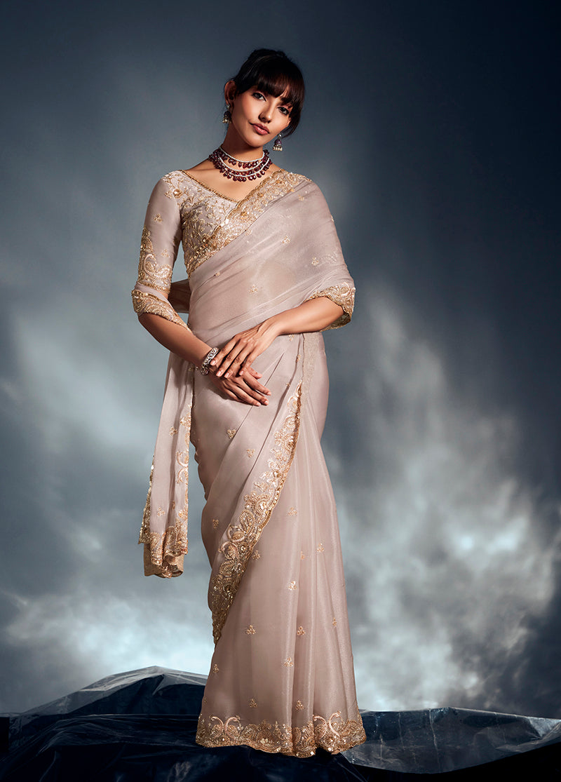 Monjolika Fashion Ivory Tissue Organza Saree With Moti, Cutdana & Sequin Work
