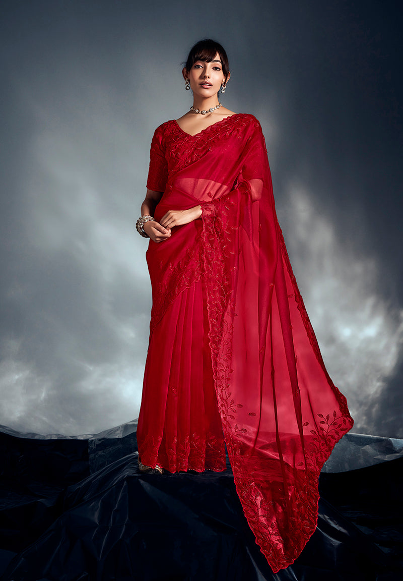 Monjolika Fashion Red Tissue Organza Saree With Moti, Cutdana & Sequin Work