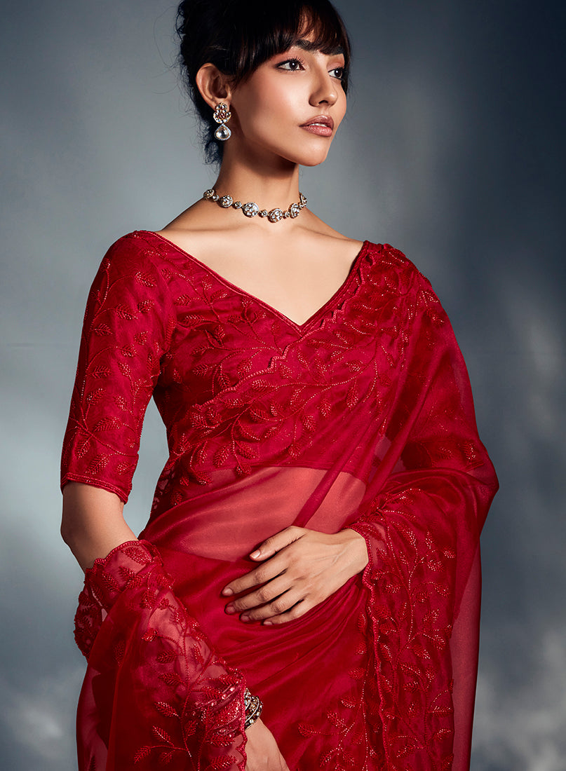 Monjolika Fashion Red Tissue Organza Saree With Moti, Cutdana & Sequin Work