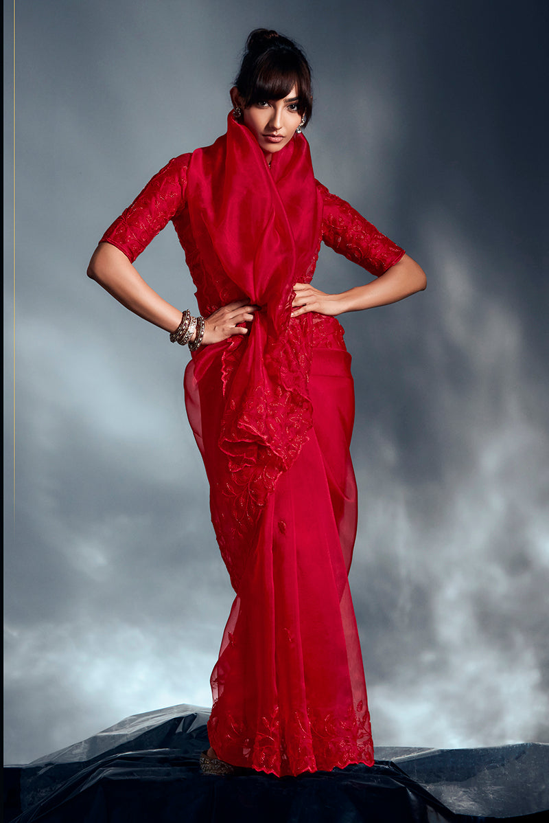 Monjolika Fashion Red Tissue Organza Saree With Moti, Cutdana & Sequin Work