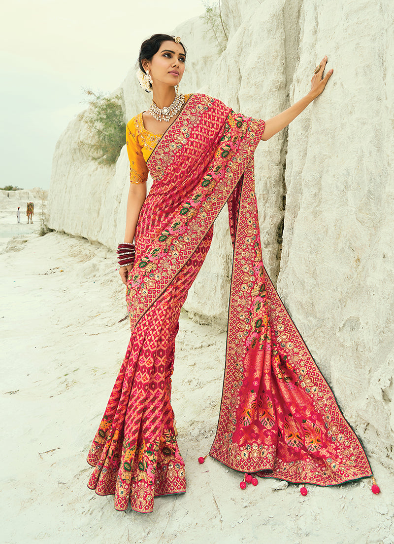 Monjolika Fashion Rani Pink Embroidered Georgette Bandhej Designer Saree
