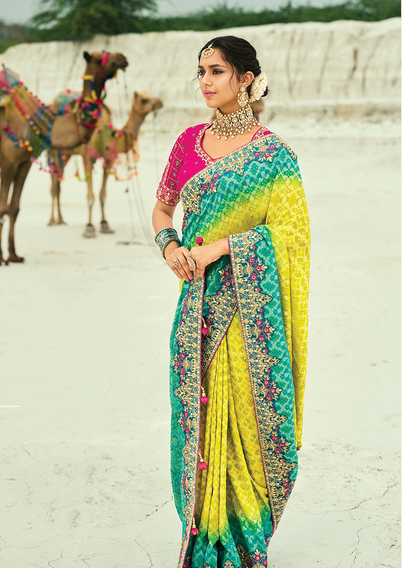 Monjolika Fashion Multicolor Embroidered Georgette Bandhej Designer Saree