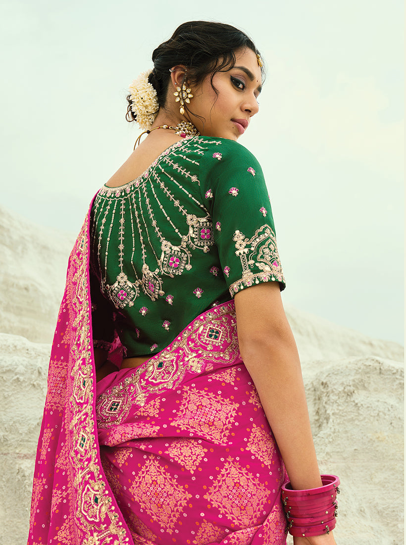 Monjolika Fashion Rani Pink Embroidered Georgette Bandhej Designer Saree