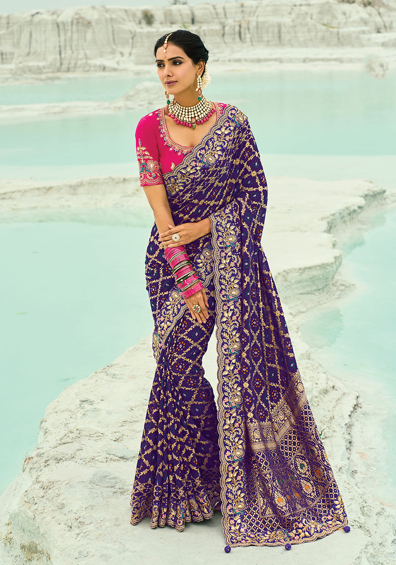 Monjolika Fashion Violet Embroidered Georgette Bandhej Designer Saree
