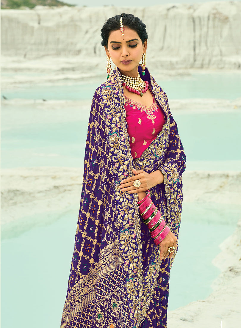 Monjolika Fashion Violet Embroidered Georgette Bandhej Designer Saree