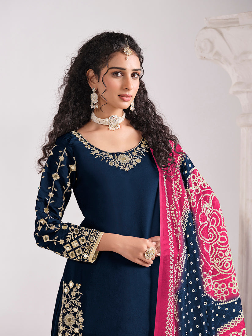 Monjolika Fashion Embroidered Chanderi Silk Navy Blue Mirror Work Salwar Kameez
